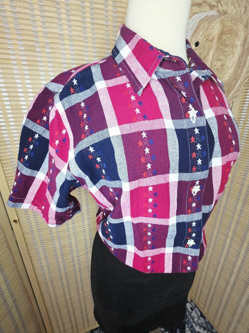 100% Cotton Red White & Navy Blue Plaid Shirt w/ Embroidery, Star Buttons, XL